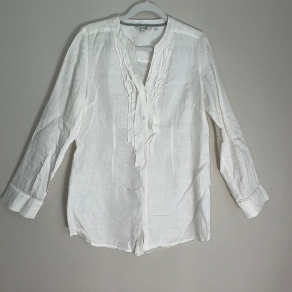 Boden Tops - Boden White 100% Linen Ruffle Front Roll Tab Sleeve Blouse Womens US 6 UK 10